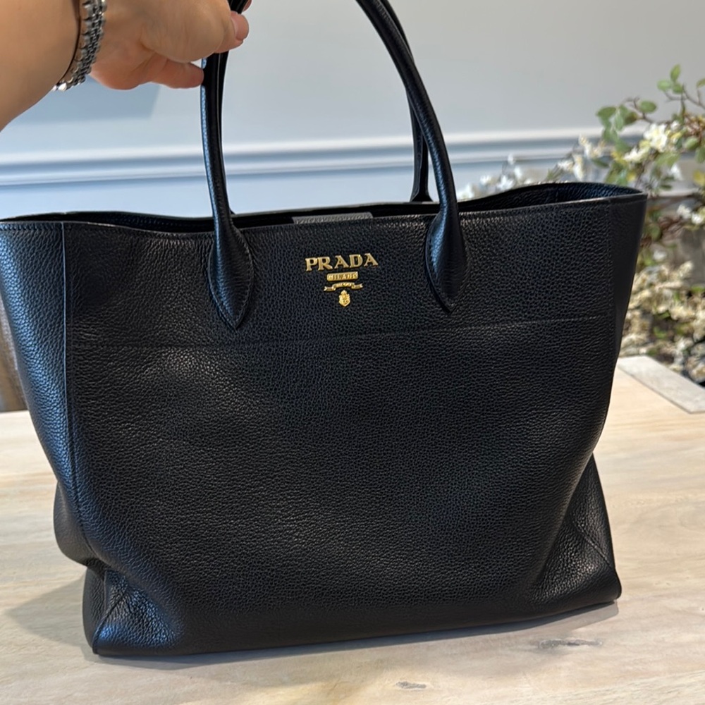 Prada Black Leather Tote with Gold Logo